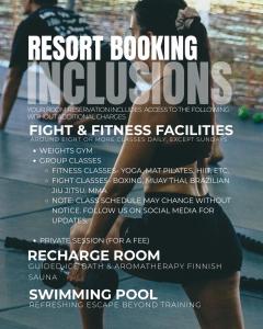 a flyer for a resort booking activations event and fitness facilities at Asgard Resort & MMA Gym in General Luna