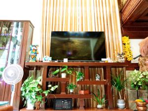 a living room with a tv and some plants at Dream House Homestay in Thuận Biên