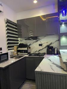 a kitchen with a marble counter top and a stove at Extravaganza Stay in Lagos