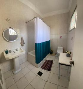 Un baño con lavabo y cortina de ducha. en CASA ROMÁN Habitación en Providencia con áreas compartidas, en Santiago