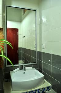 a bathroom with a sink and a large mirror at Borneo Nature Lodge in Sukau