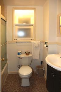 łazienka z toaletą, umywalką i oknem w obiekcie Nash Hotel w mieście Berkeley