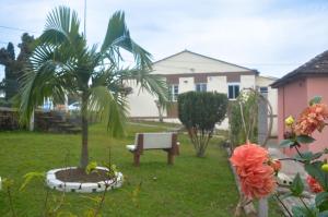 a garden with a palm tree and a bench at Hotel Fiss in Morro Redondo