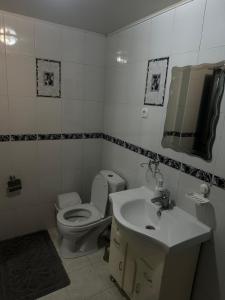 a bathroom with a toilet and a sink and a mirror at Квартира на огонбаева in Bishkek