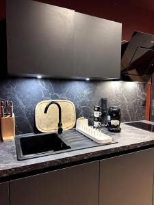a kitchen counter with a sink and a sink at Ciné-Ponot in Le Puy en Velay