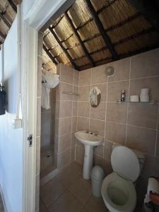 a bathroom with a toilet and a sink at Pavlovna Comfy 4 Cottage in Himeville