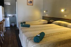 2 Betten in einem Hotelzimmer mit grünen Handtüchern darauf in der Unterkunft Barcaldine Country Motor Inn in Barcaldine