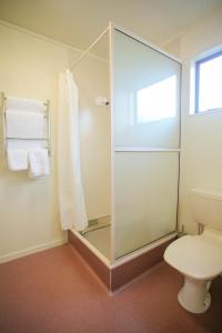 a glass shower in a bathroom with a toilet at Abbots Hamilton – Hotel and Conference Centre in Hamilton