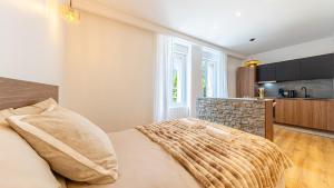 a bedroom with a bed and a kitchen at Le Refugo in Allevard