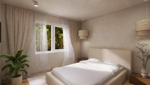 a bedroom with a white bed and a window at Vega Luxury & Relax House in Orşova