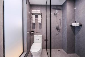 a bathroom with a toilet and a shower at Fenghuang Luming B&B in Fenghuang
