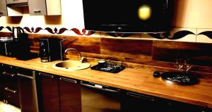 a bathroom counter with a sink and a mirror at Central Apartments in Poznań