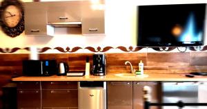 a kitchen with a sink and a clock on the wall at Central Apartments in Poznań +125 photos