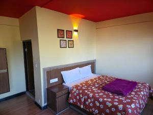 a bedroom with a bed with a red ceiling at Hotel Hill Grand Himalaya in Darjeeling +11 photos