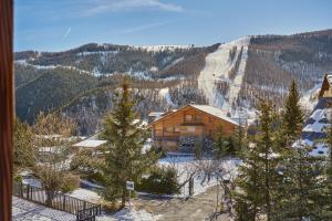 a log cabin in the snow with a mountain at Résidence Odalys Le Mont d'Auron in Auron