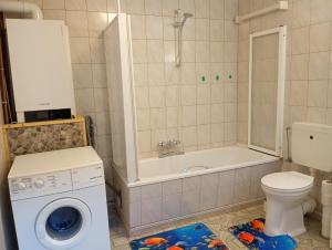 a bathroom with a toilet and a washing machine at Ferienhaus Max Schmeling in Benneckenstein