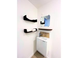 a small bathroom with a sink and a mirror at Les Hauteurs de La Libération- Poitiers in Poitiers