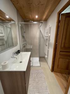 een badkamer met een wastafel en een douche bij Le chalet Leïla in Manigod
