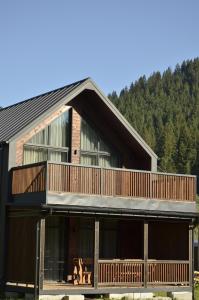 a house with a balcony with a dog sitting on the porch at Ambar House in Krivorovnya