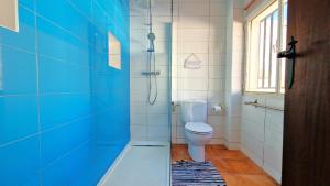 a blue bathroom with a toilet and a window at Finca Craig, Spacious Farmhouse with amazing garden and private heated pool in Rótova