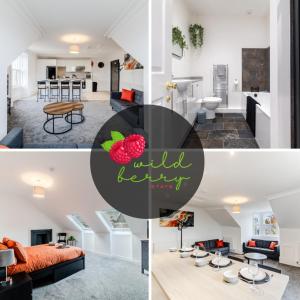 a collage of three pictures of a living room and a kitchen at Wild Berry Stays - Swan Street B in Angus