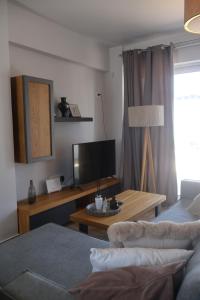 a living room with a couch and a tv at Athenean Coastal Getaway in Athens