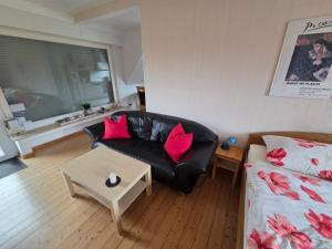 a living room with a black leather couch and red pillows at Gute Nacht Ferienwohnung in Halle Westfalen