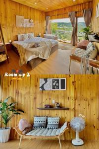 two pictures of a bedroom with a bed and a couch at Cloudy Hillside Botique - Homestay in Ấp Ða Lợi