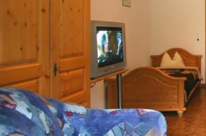 a living room with a tv and a bed at Panoramablick Ferienwohnung Schiestl in Brandberg