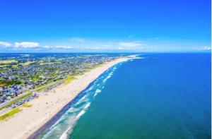 an aerial view of a beach and the ocean at おどろき荘 in Shirako