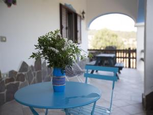 a blue table with a vase of flowers on it at Country House S'Ozzastru in Dorgali