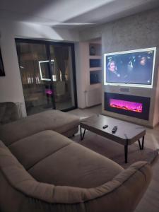 a living room with a couch and a flat screen tv at Dary Luxury Apartment in Turnu Măgurele