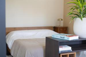 une chambre avec un lit et une table avec une plante en pot dans l'établissement Casa di Mia Zia Bed & Wine - Suite Erbaluce, à Costigliole dʼAsti 56 autres photos