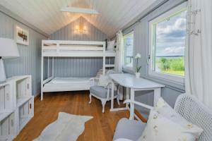 a tiny house with a bunk bed and a desk at Hafenidyll am Peenestrom - Familienurlaub bis 14 Personen in Rankwitz