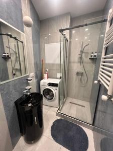 a bathroom with a washing machine and a washer at New Stylish 1 BR apartment in Axis Towers in Tbilisi City +66 photos