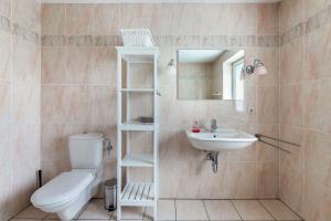 a bathroom with a toilet and a sink and a mirror at Ferienhaus Sprante in Brunsbüttel +18 photos