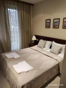 a bedroom with a large bed with towels on it at St Ivan Rilski Spa Luxury apartment Bansko & Free SPA in Bansko +54 photos