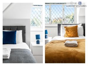 2 Bilder eines Schlafzimmers mit einem Bett und einem Fenster in der Unterkunft Spacious 3 Bedroom Brighton Home - South Downs - Stunning Sea Views - Garden - Pool Table - FREE Parking in Brighton & Hove