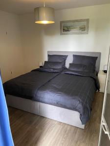 a bedroom with a large bed with blue pillows at Exklusive Ferienwohnung im schönen Husum in Husum
