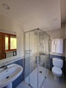 a bathroom with a shower and a toilet and a sink at Hostal Valle De Tena in Sabiñánigo