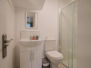ein Badezimmer mit Toilette, Waschbecken und Dusche in der Unterkunft Cherry Pip in Charmouth