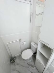 a white bathroom with a toilet and a sink at Charmant studio à 2 pas de la mer et du train in Roquebrune-Cap-Martin +8 photos