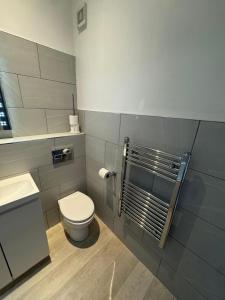 a bathroom with a toilet and a sink at OYO Shore Surf Lodge in Newquay +80 photos