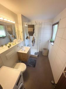 a bathroom with a toilet and a sink and a shower at Ferienwohnung Obersulm in Obersulm +6 photos