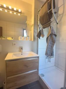 a bathroom with a sink and a shower at Ferienwohnung Obersulm in Obersulm