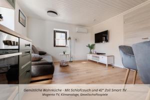 a living room with a couch and a tv at CASA BENJI - Familienfreundliche FeWo - Landhausstil - Garten - Parkplatz in Pirna