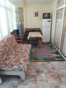 a living room with a couch and a table and a refrigerator at 1 комнатная квартира на Иссык Куле пансионата Радуга in Chon-Sary-Oy