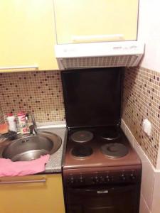 a kitchen with a stove and a sink at 1 комнатная квартира на Иссык Куле пансионата Радуга in Chon-Sary-Oy