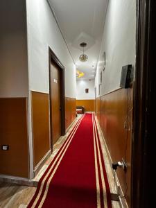 a hallway with a red carpet in a building at Cecilia Hostel in Cairo