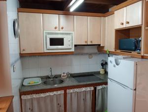 a kitchen with a white refrigerator and a sink at Casa De la Agüera in Busto